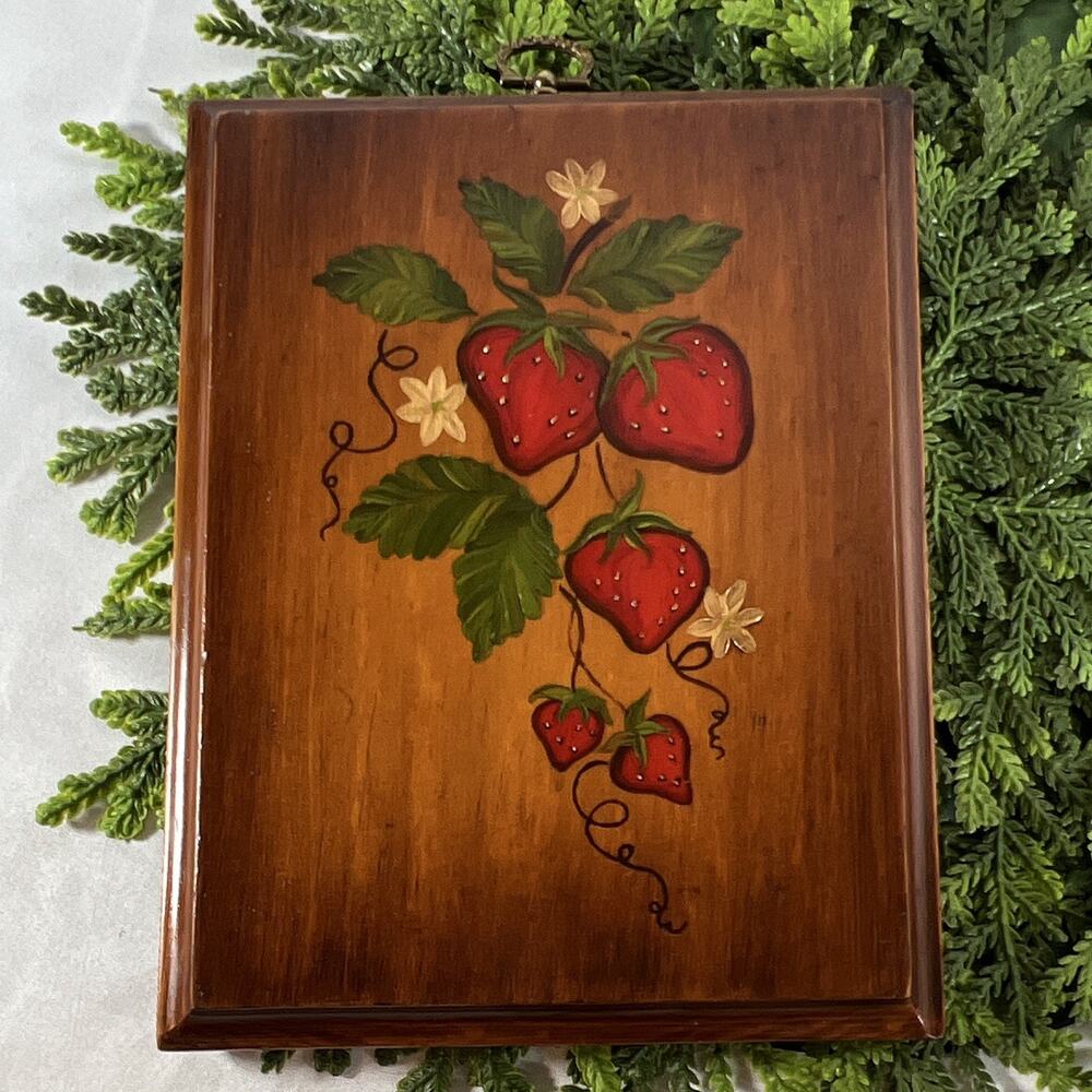 Vintage Hand-Painted Wood Folk Art Decorative Strawberry Floral Design Painting